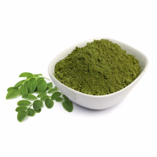 Moringa Powder in Bowl with Leaves